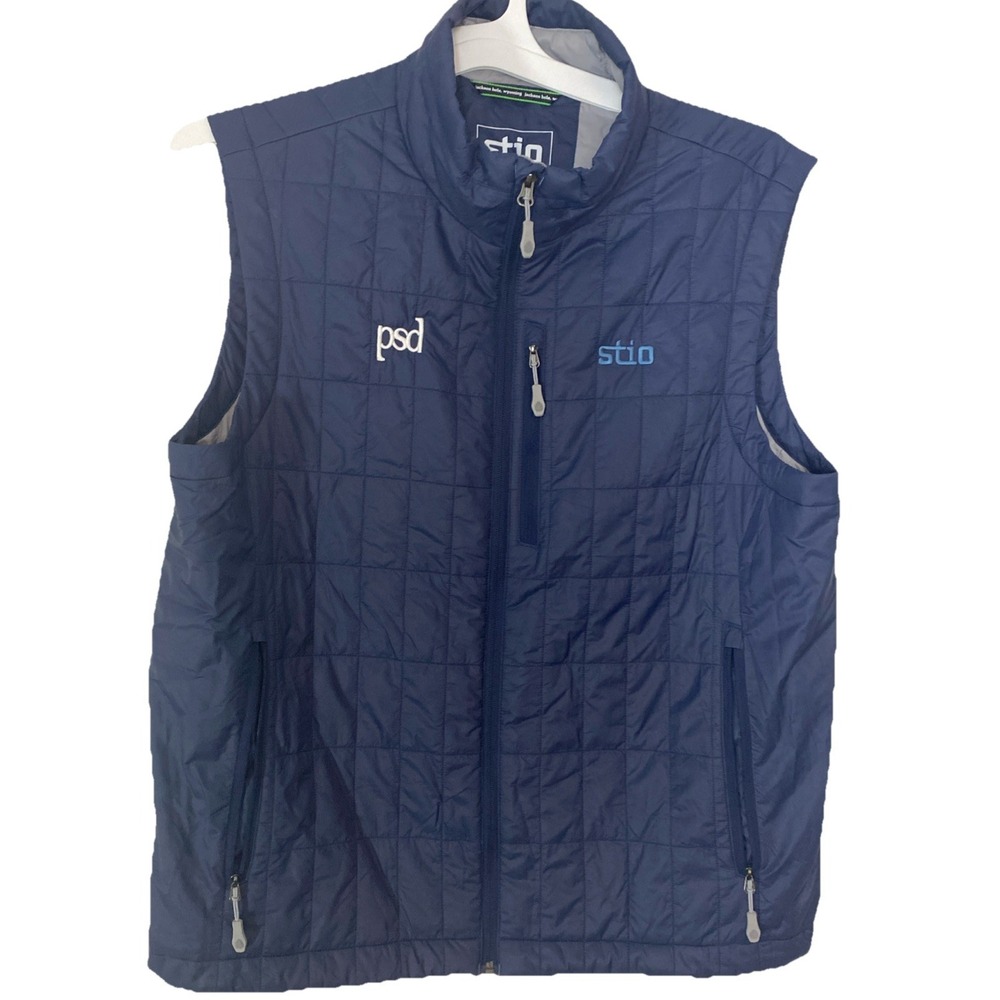 Stio Azura Puffer Vest Mens Size Large Blue Jacket Full Zip Primaloft Logo